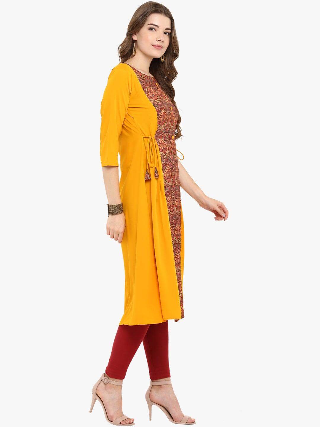 Mustard Poly Crepe Ethnic Print A-line Kurta