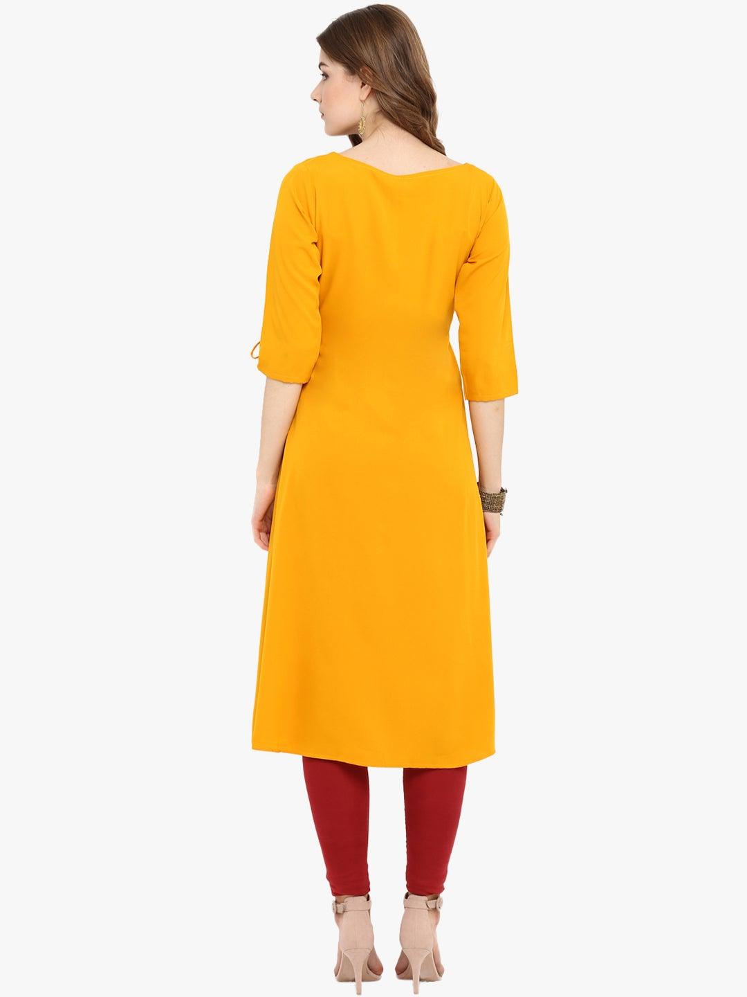 Mustard Poly Crepe Ethnic Print A-line Kurta