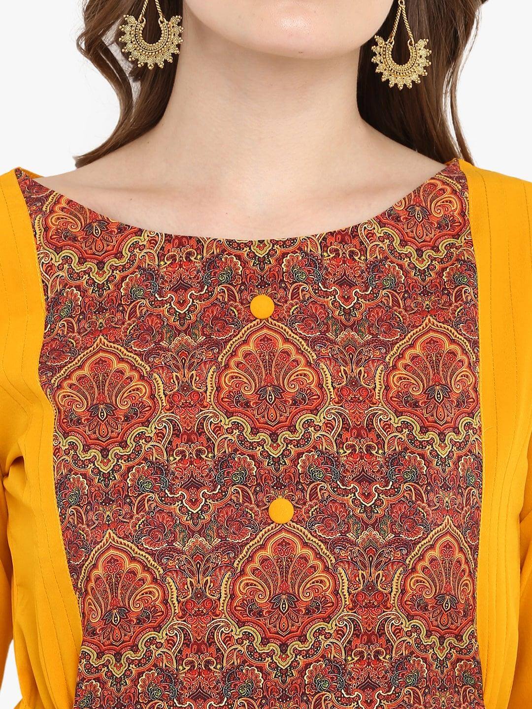 Mustard Poly Crepe Ethnic Print A-line Kurta