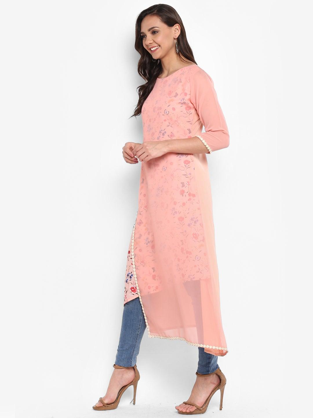 Peach Poly Crepe Floral Print A-line Kurta