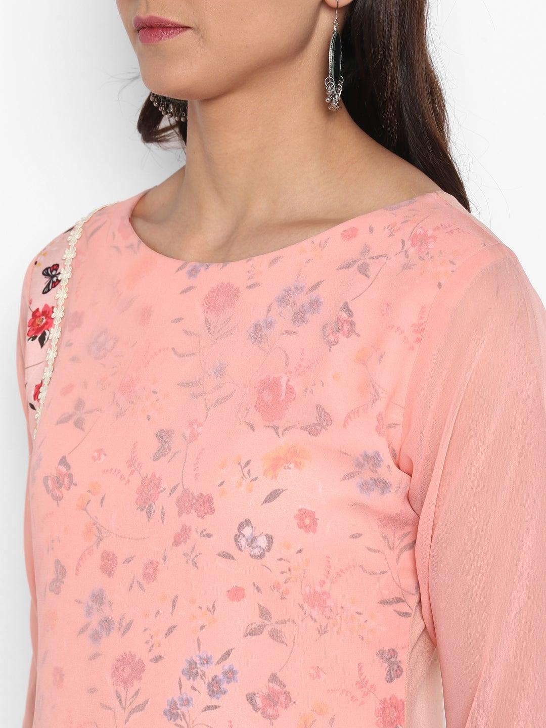 Peach Poly Crepe Floral Print A-line Kurta