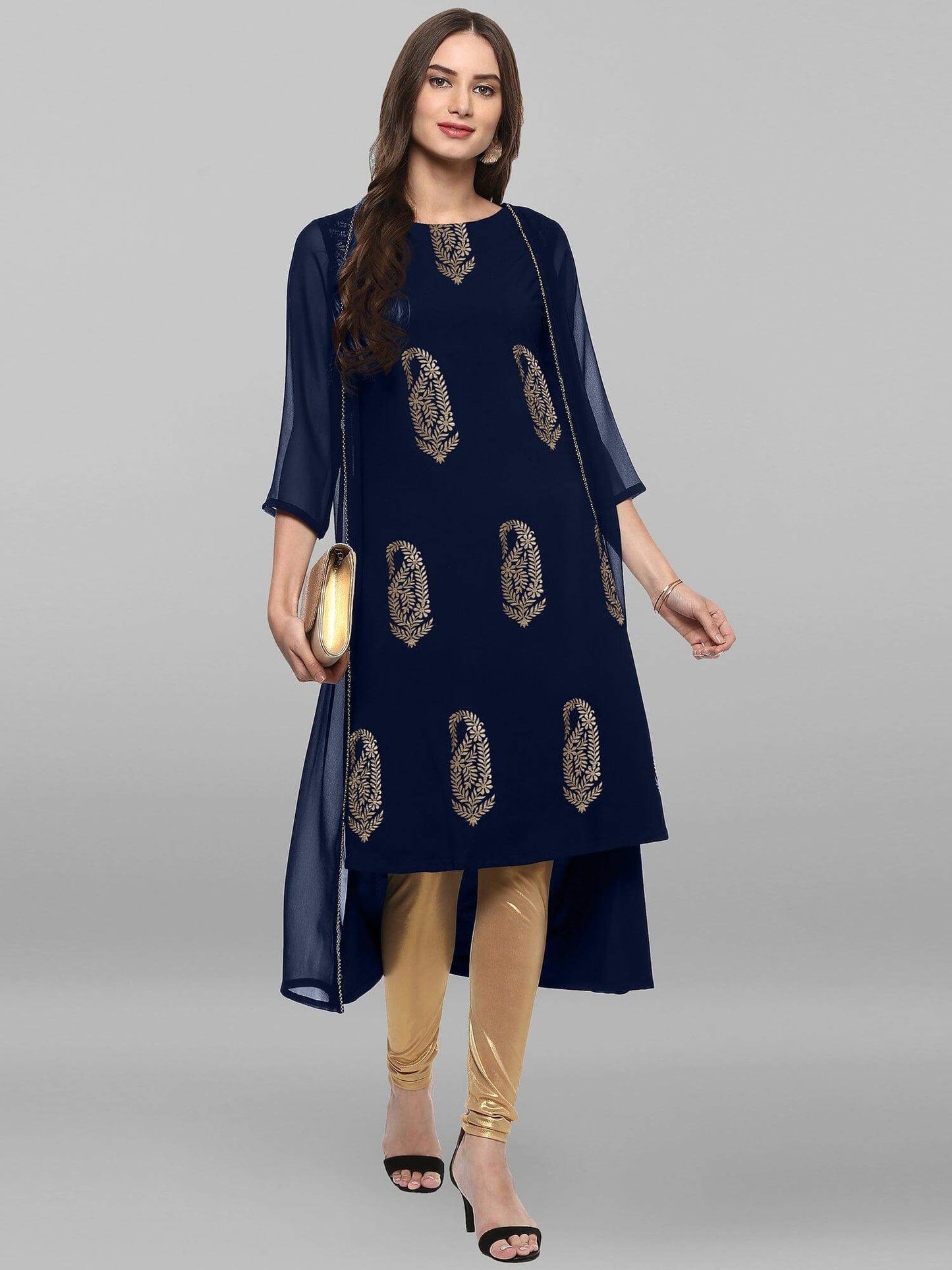 Blue Poly Crepe Foil Print A-line Kurta