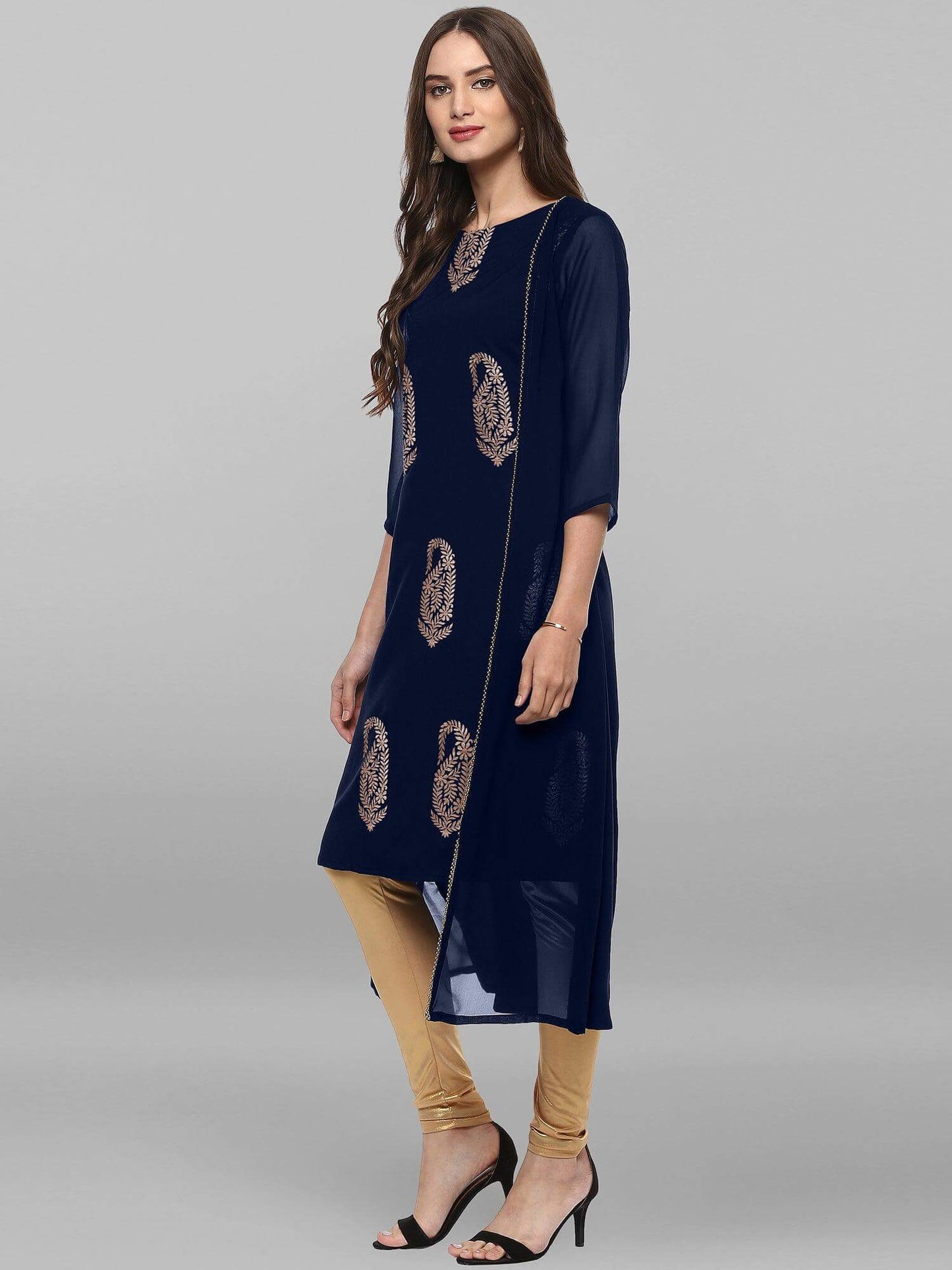 Blue Poly Crepe Foil Print A-line Kurta