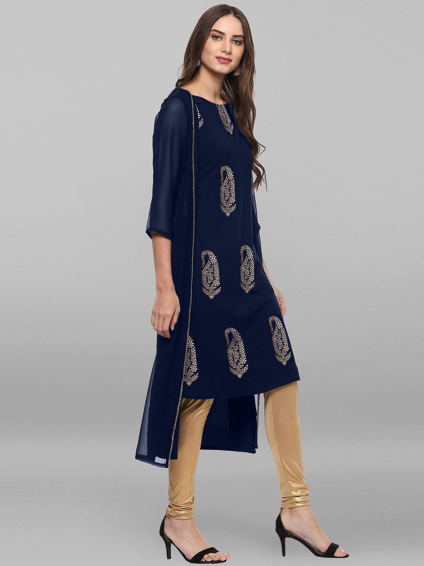 Blue Poly Crepe Foil Print A-line Kurta