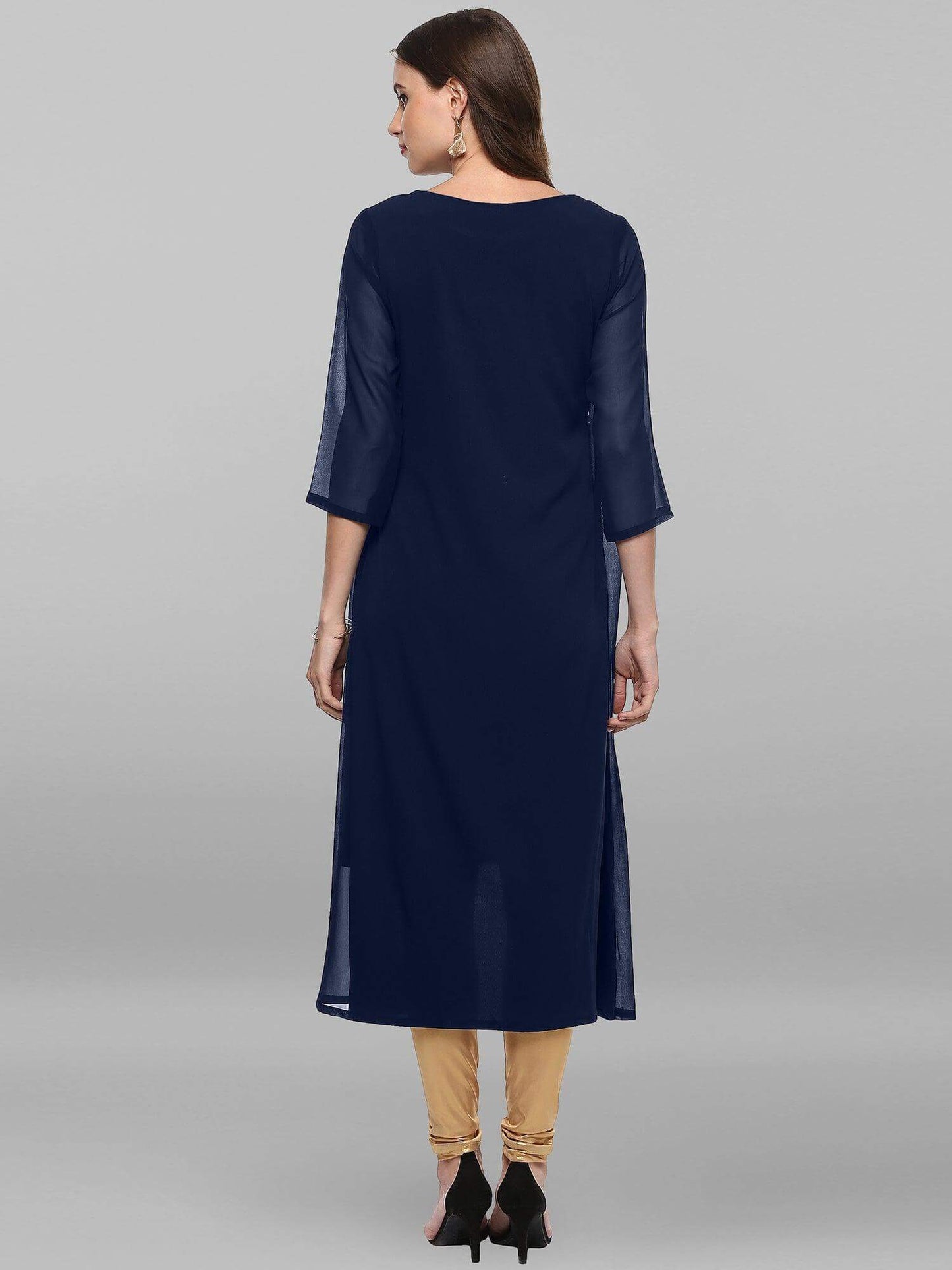 Blue Poly Crepe Foil Print A-line Kurta