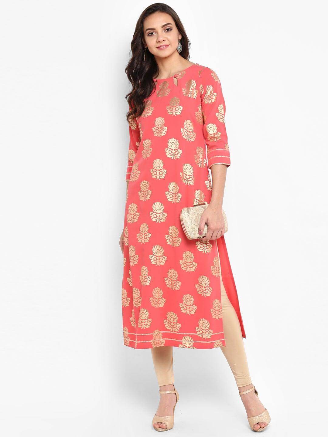 Peach Poly Crepe Foil Print Straight Kurta