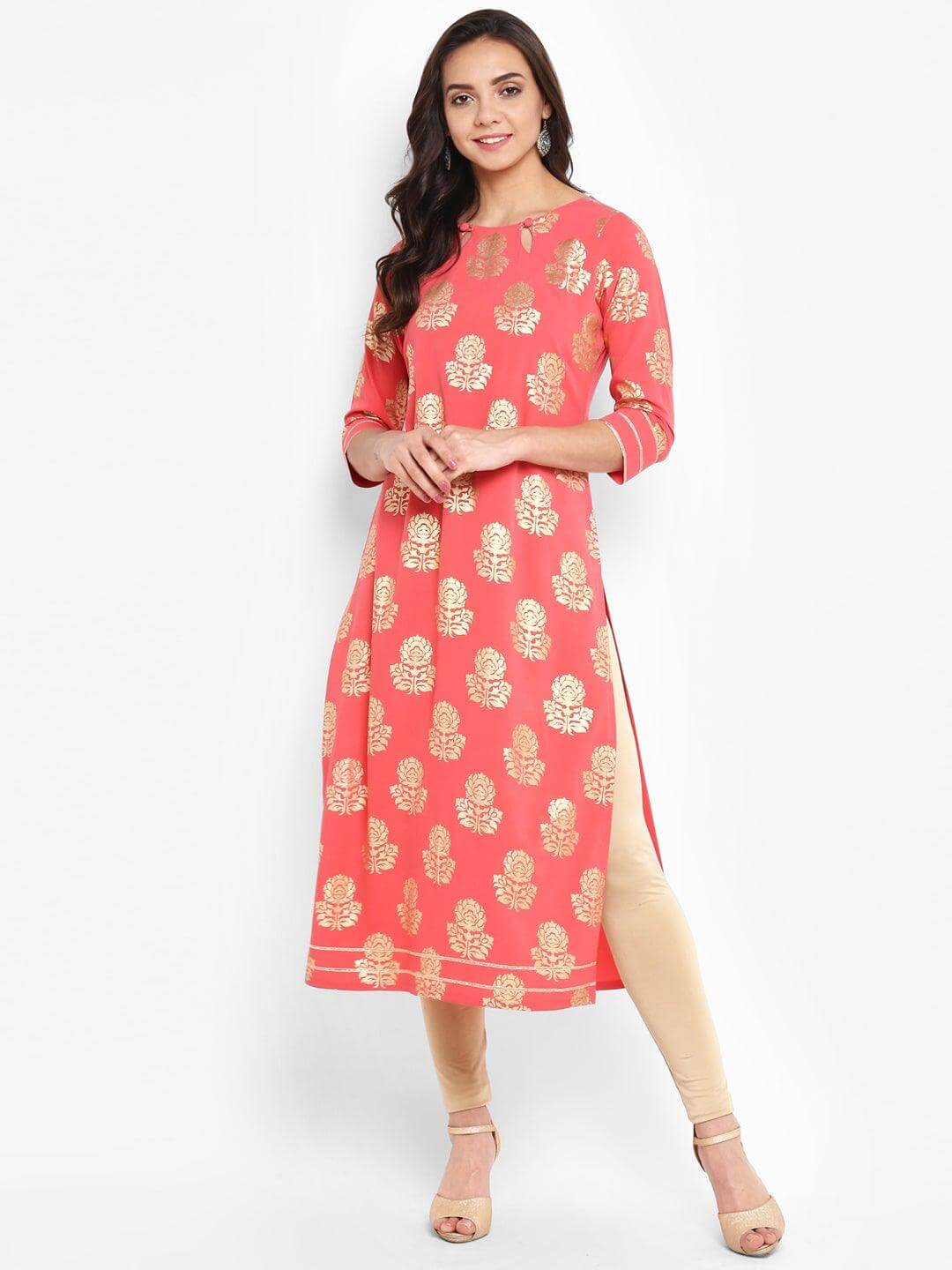 Peach Poly Crepe Foil Print Straight Kurta