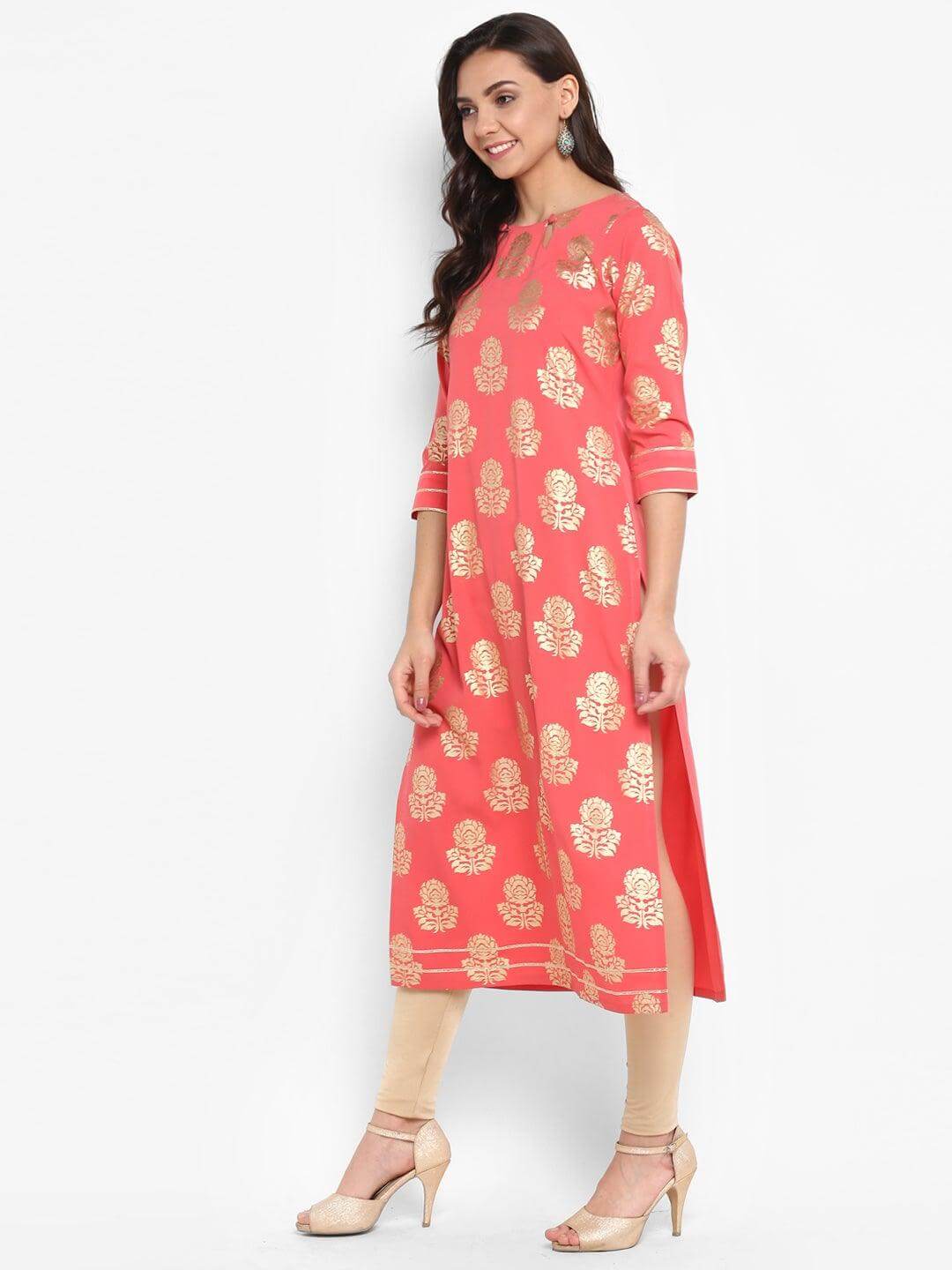 Peach Poly Crepe Foil Print Straight Kurta