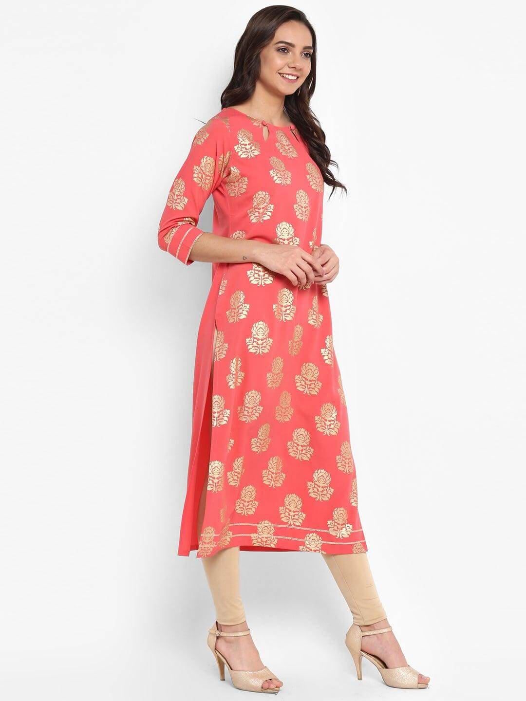 Peach Poly Crepe Foil Print Straight Kurta