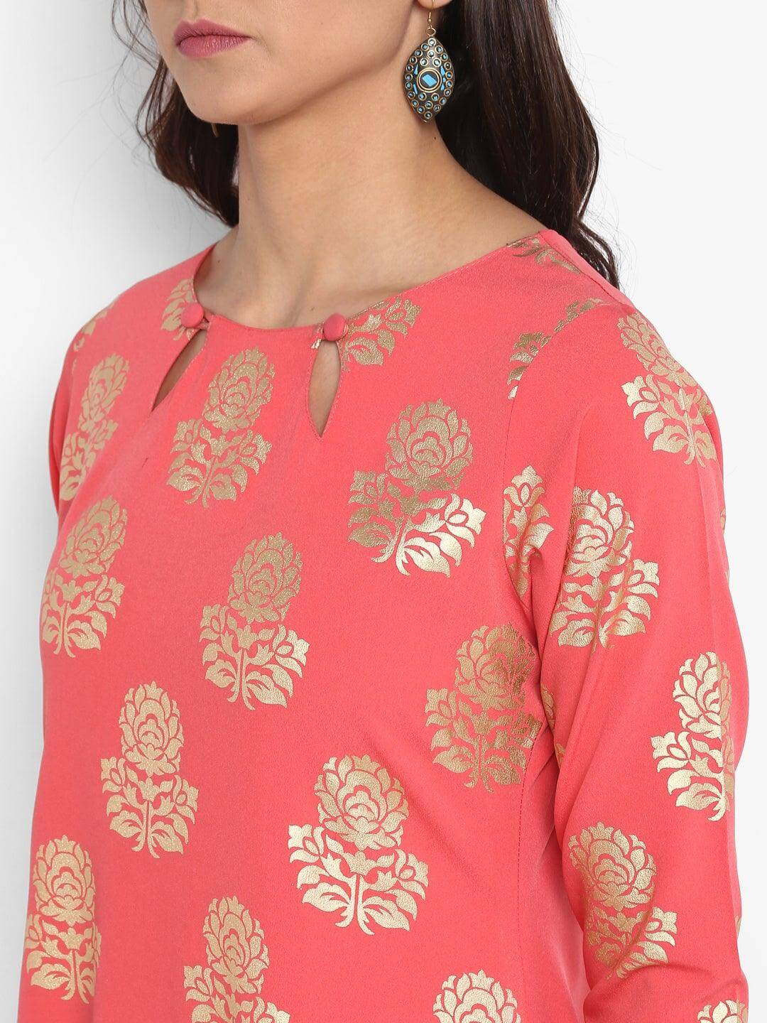 Peach Poly Crepe Foil Print Straight Kurta