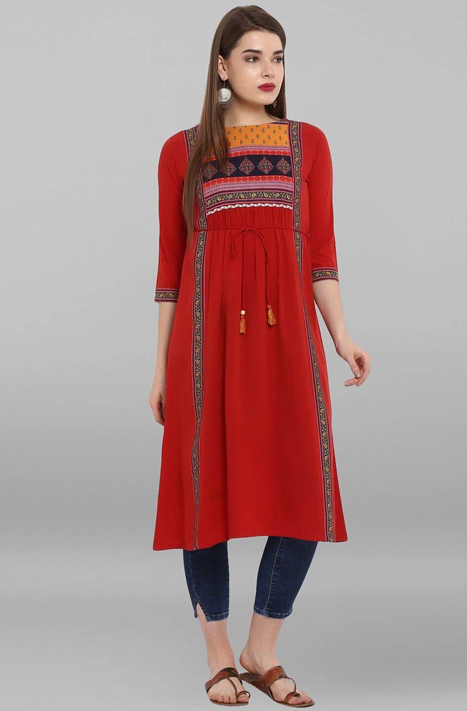 Red Poly Crepe Floral Print A-line Kurta