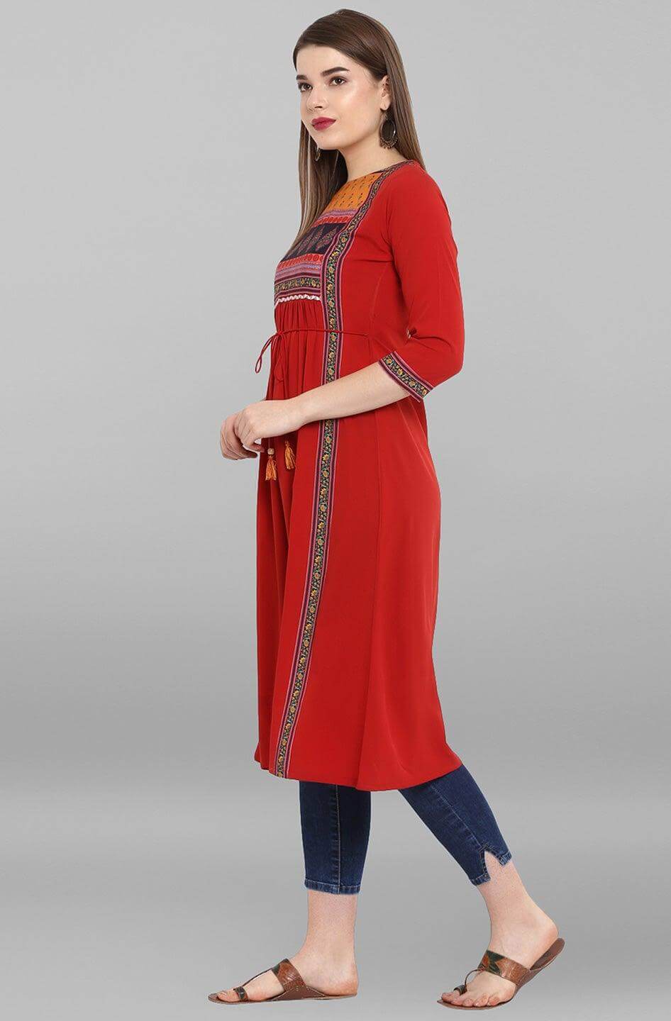 Red Poly Crepe Floral Print A-line Kurta