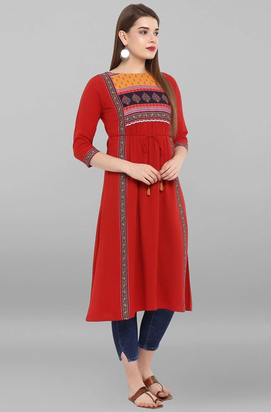 Red Poly Crepe Floral Print A-line Kurta