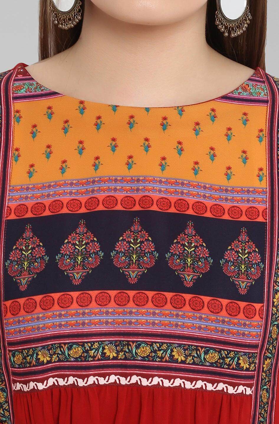 Red Poly Crepe Floral Print A-line Kurta