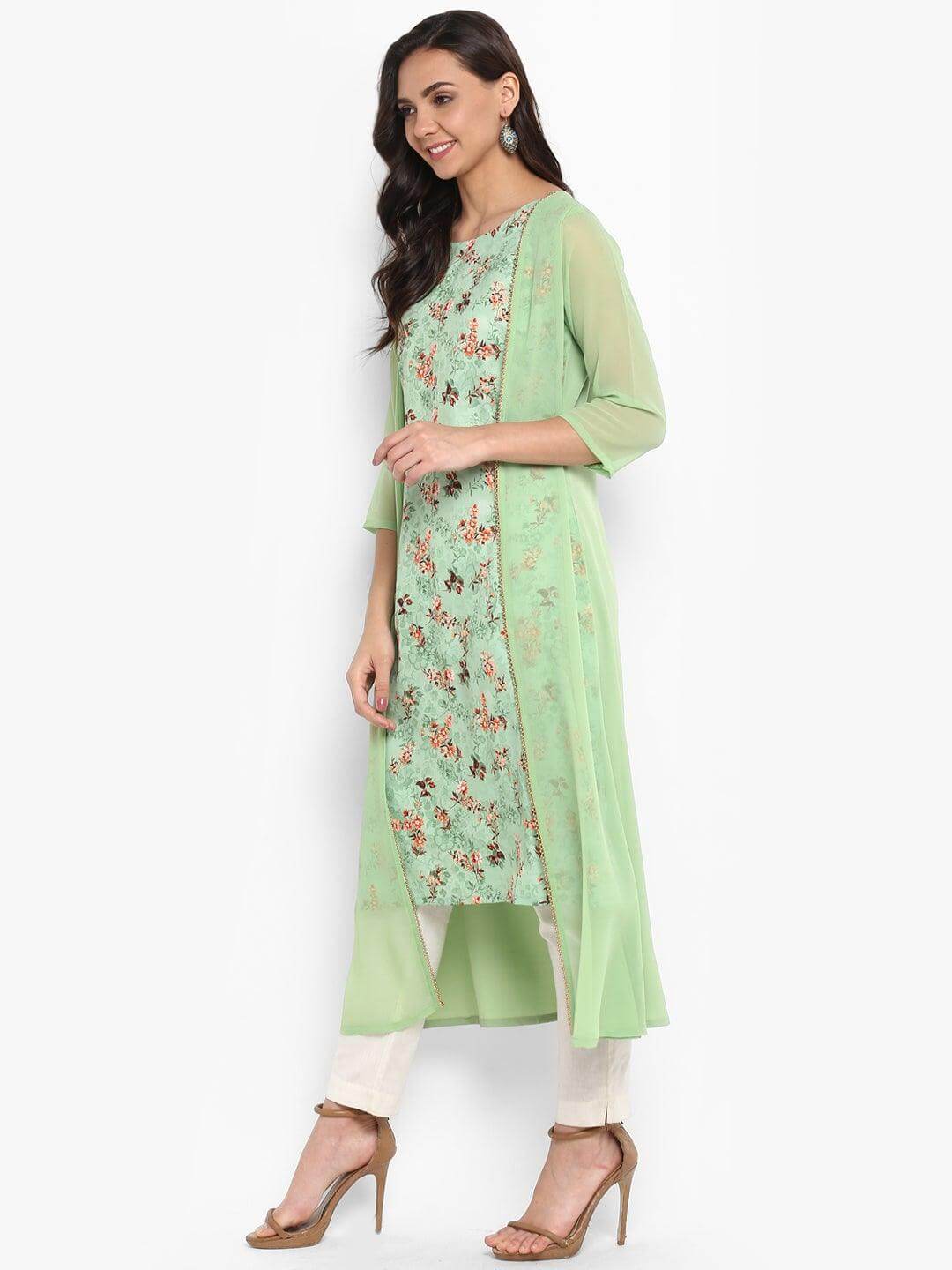 Green Crepe Printed A-line Kurta