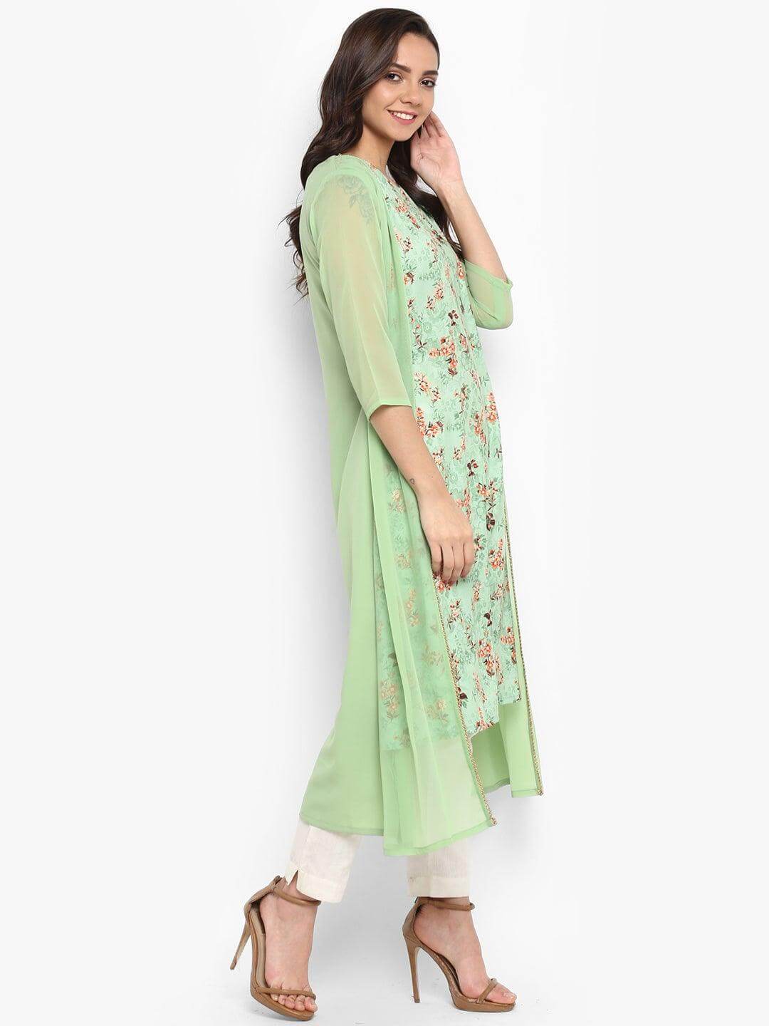 Green Crepe Printed A-line Kurta
