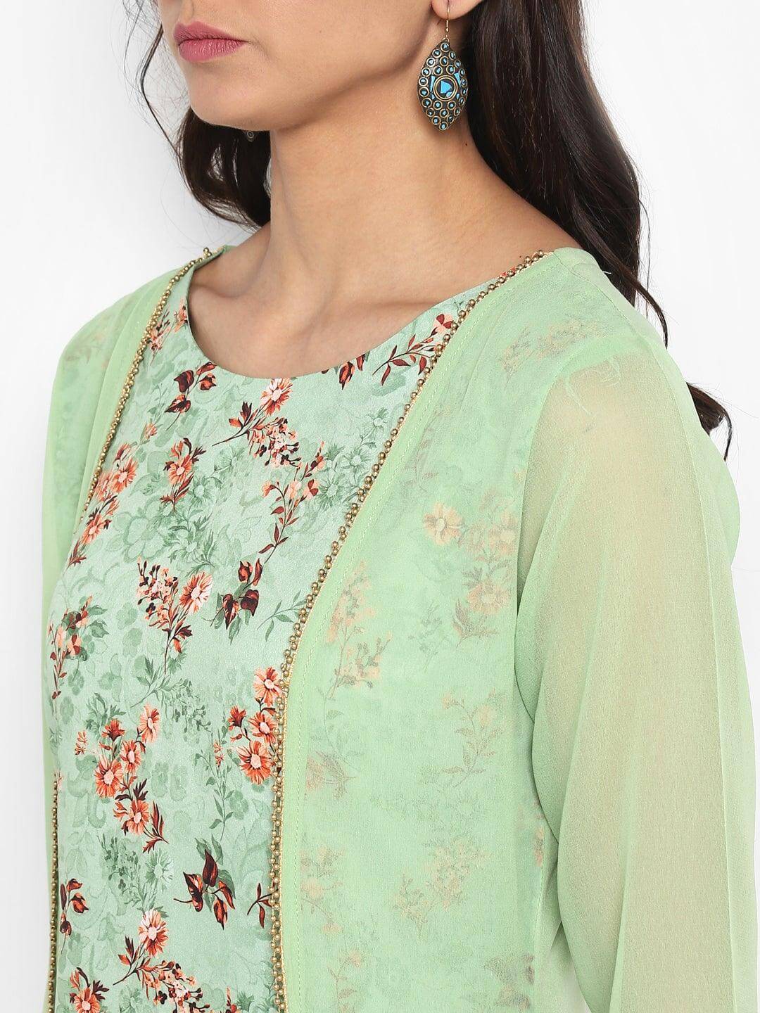 Green Crepe Printed A-line Kurta