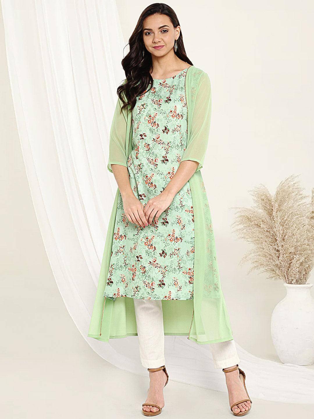 Green Crepe Printed A-line Kurta