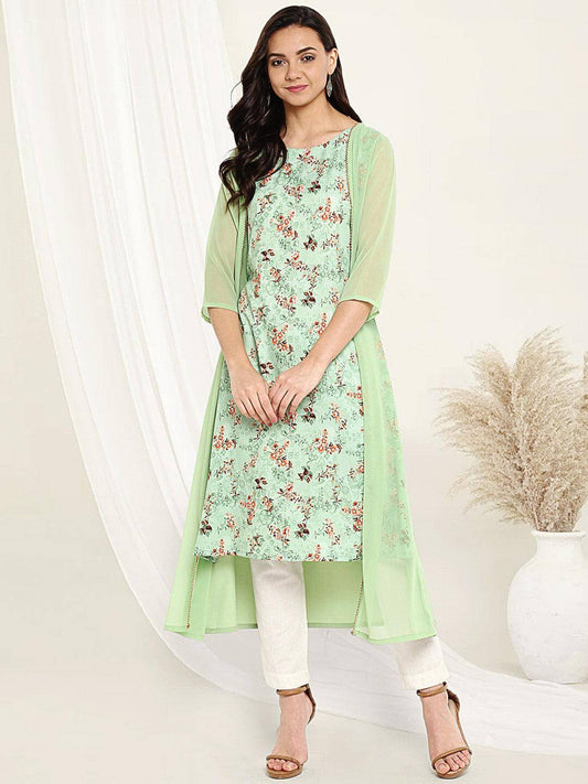 Green Crepe Printed A-line Kurta