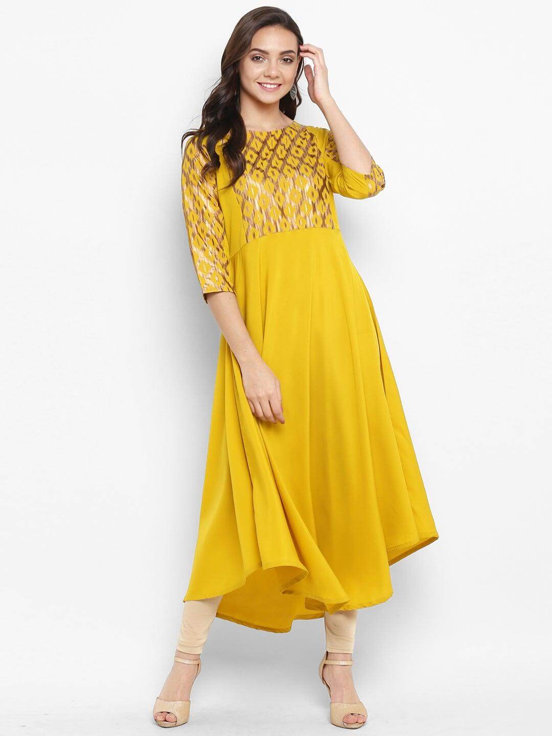 Yellow Poly Crepe Gold Print Flared Kurta