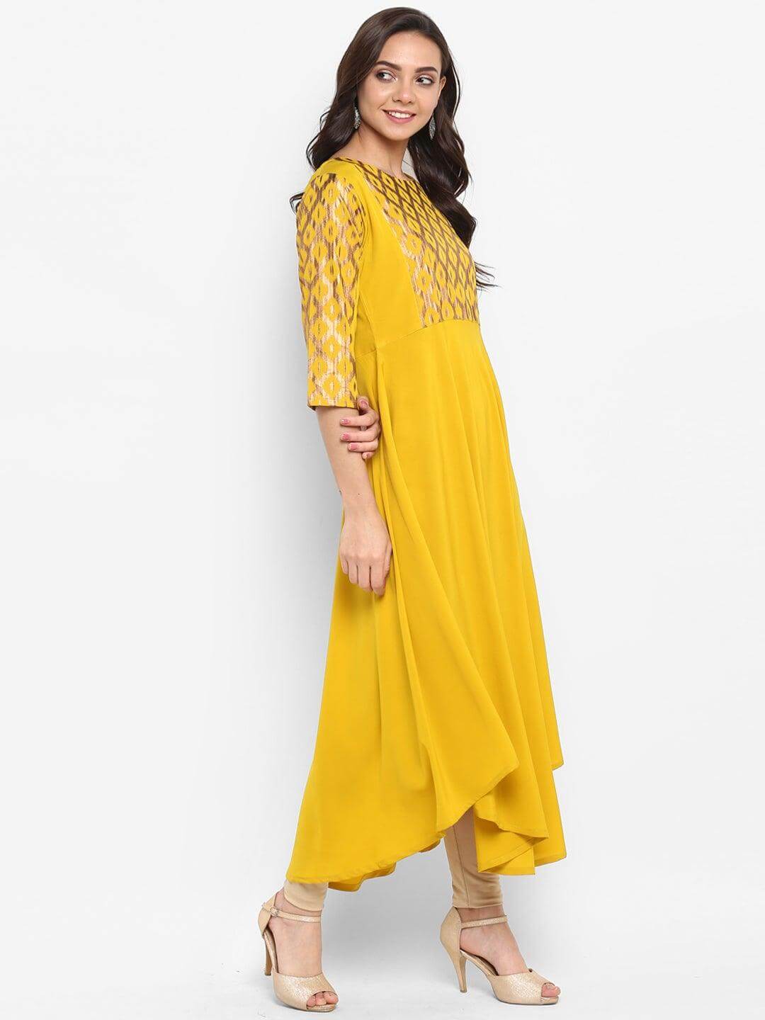Yellow Poly Crepe Gold Print Flared Kurta