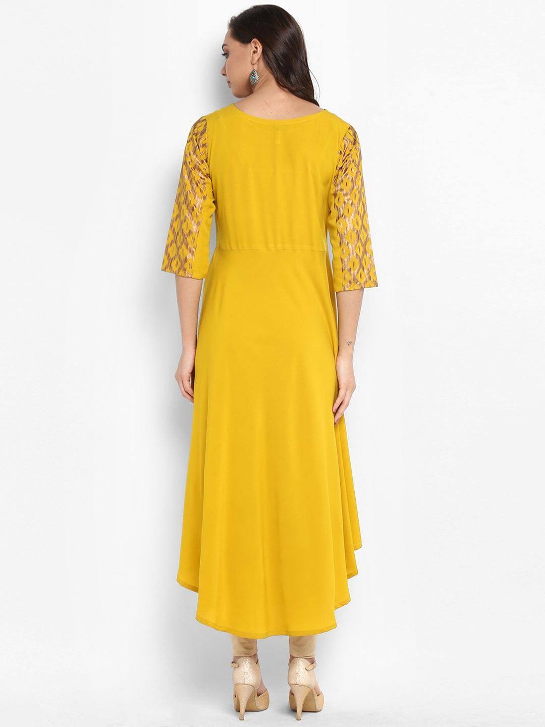 Yellow Poly Crepe Gold Print Flared Kurta