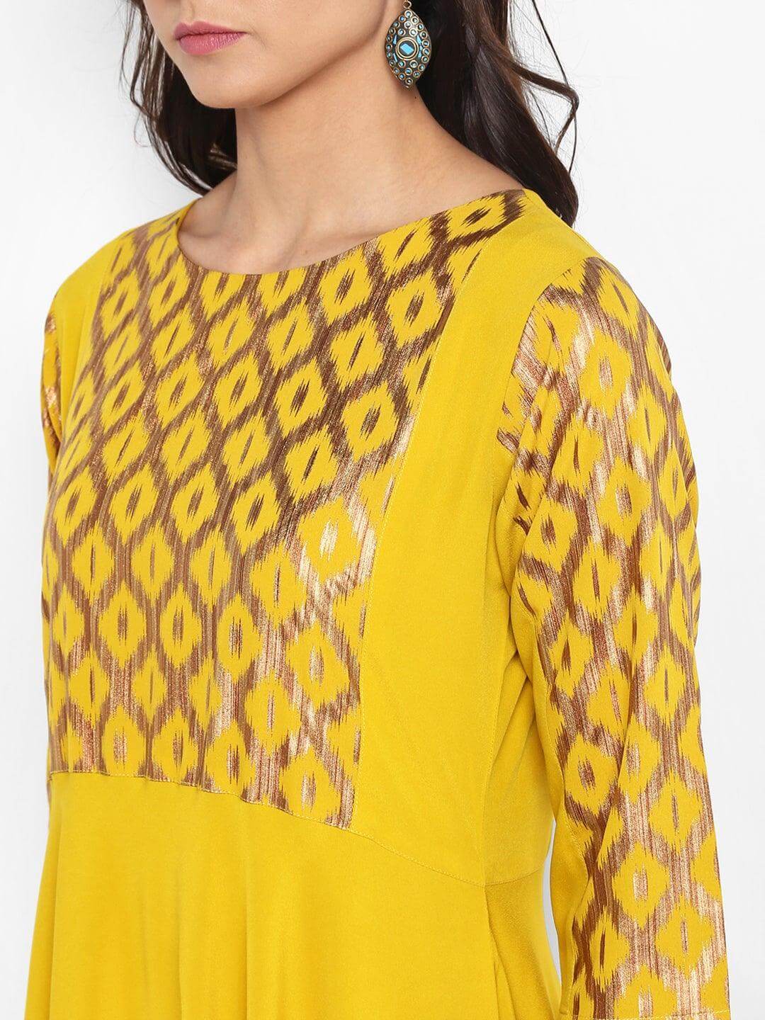 Yellow Poly Crepe Gold Print Flared Kurta