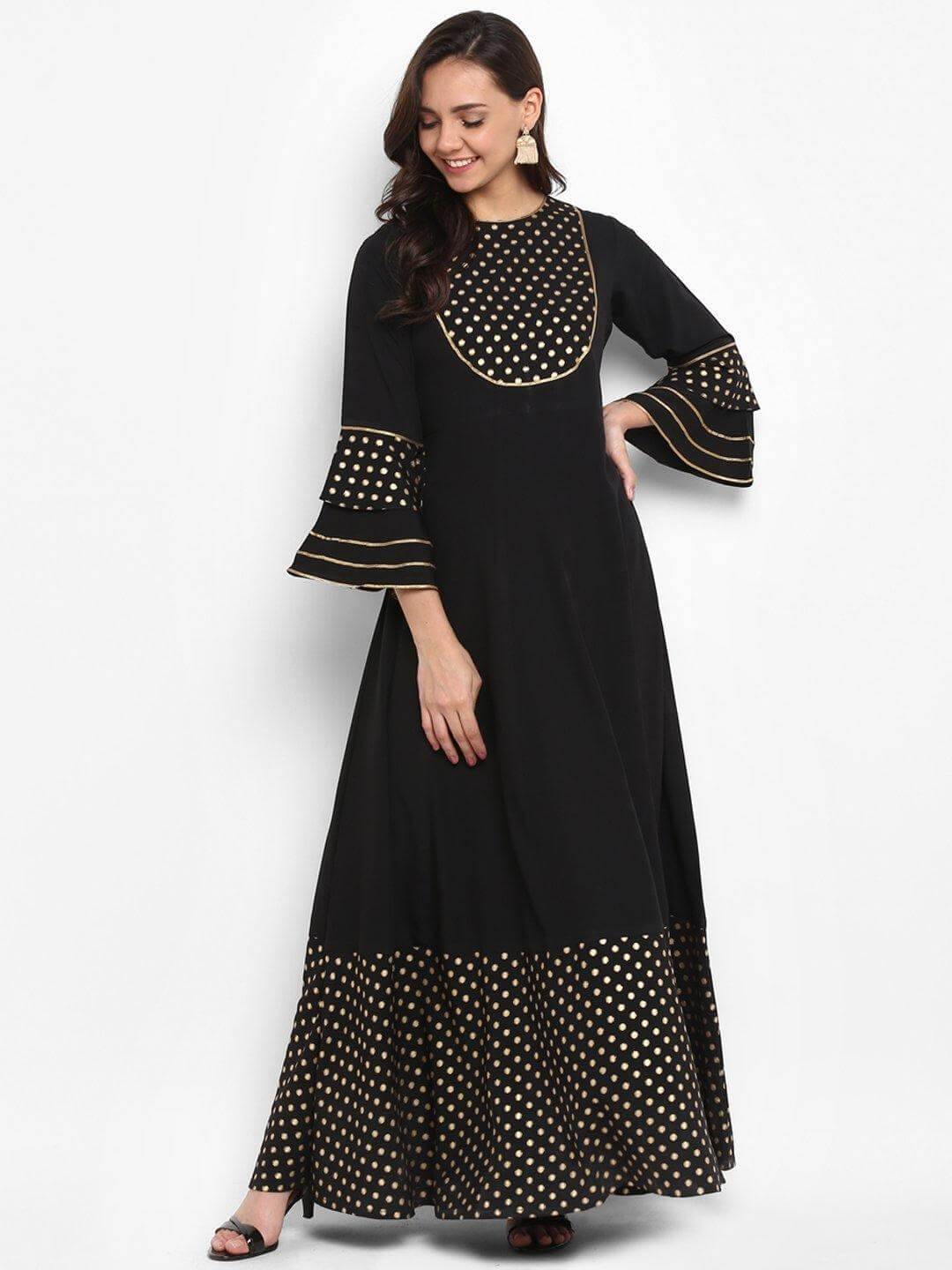 Black Poly Crepe Golden Butti Anarkali Kurta
