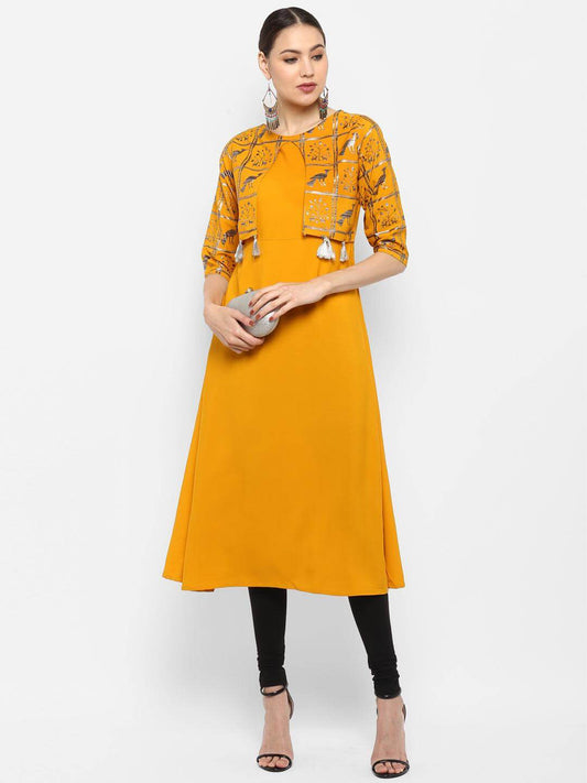 Mustard Poly Crepe Gold Print A-line Kurta