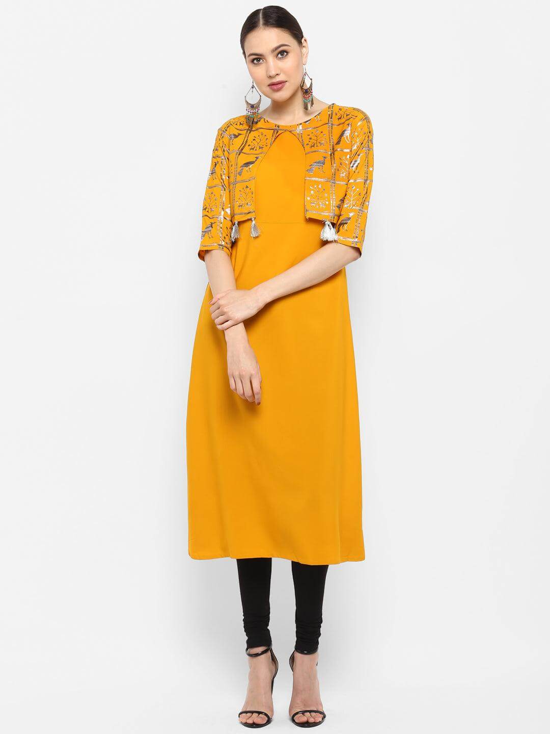 Mustard Poly Crepe Gold Print A-line Kurta
