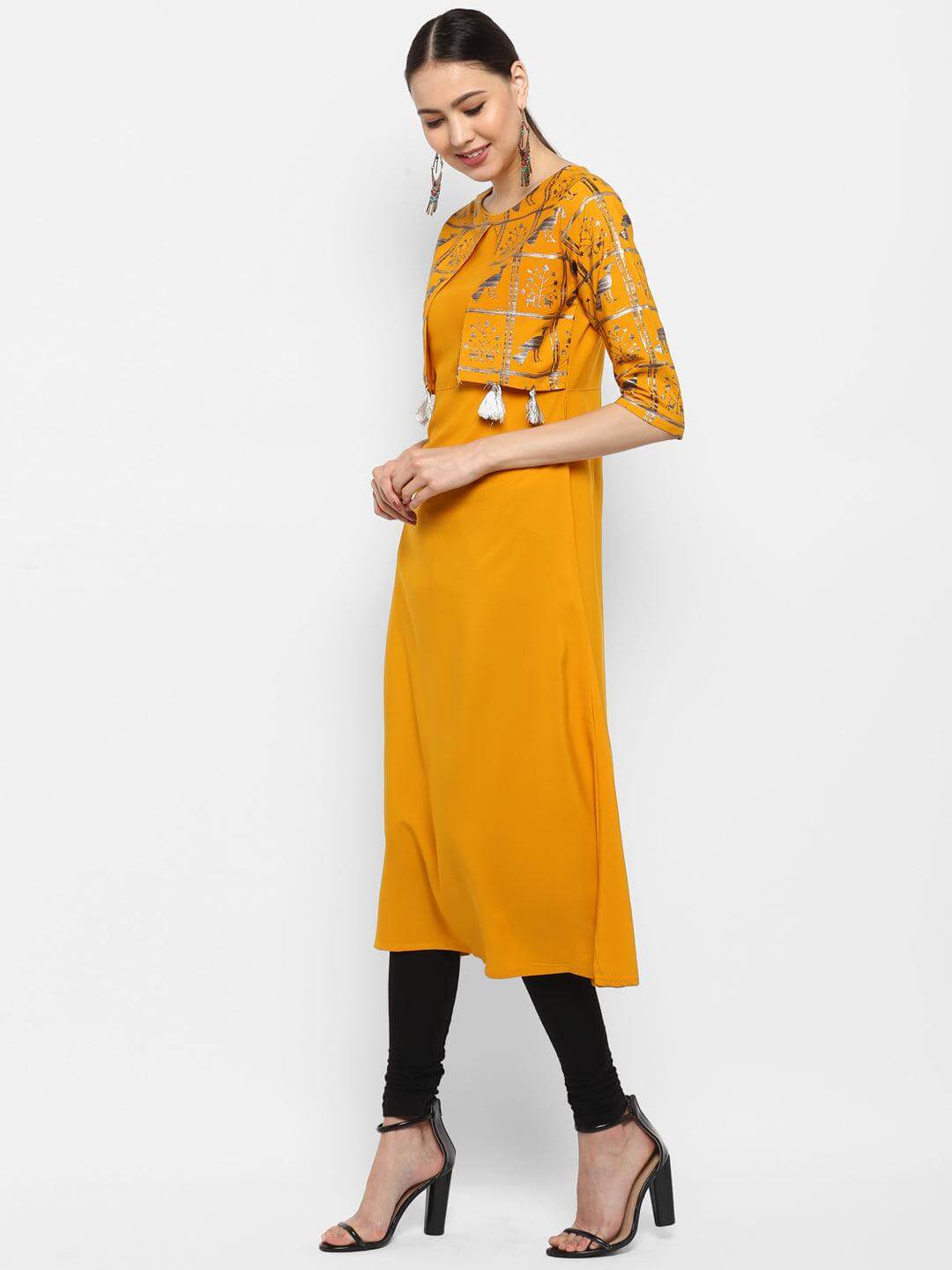 Mustard Poly Crepe Gold Print A-line Kurta