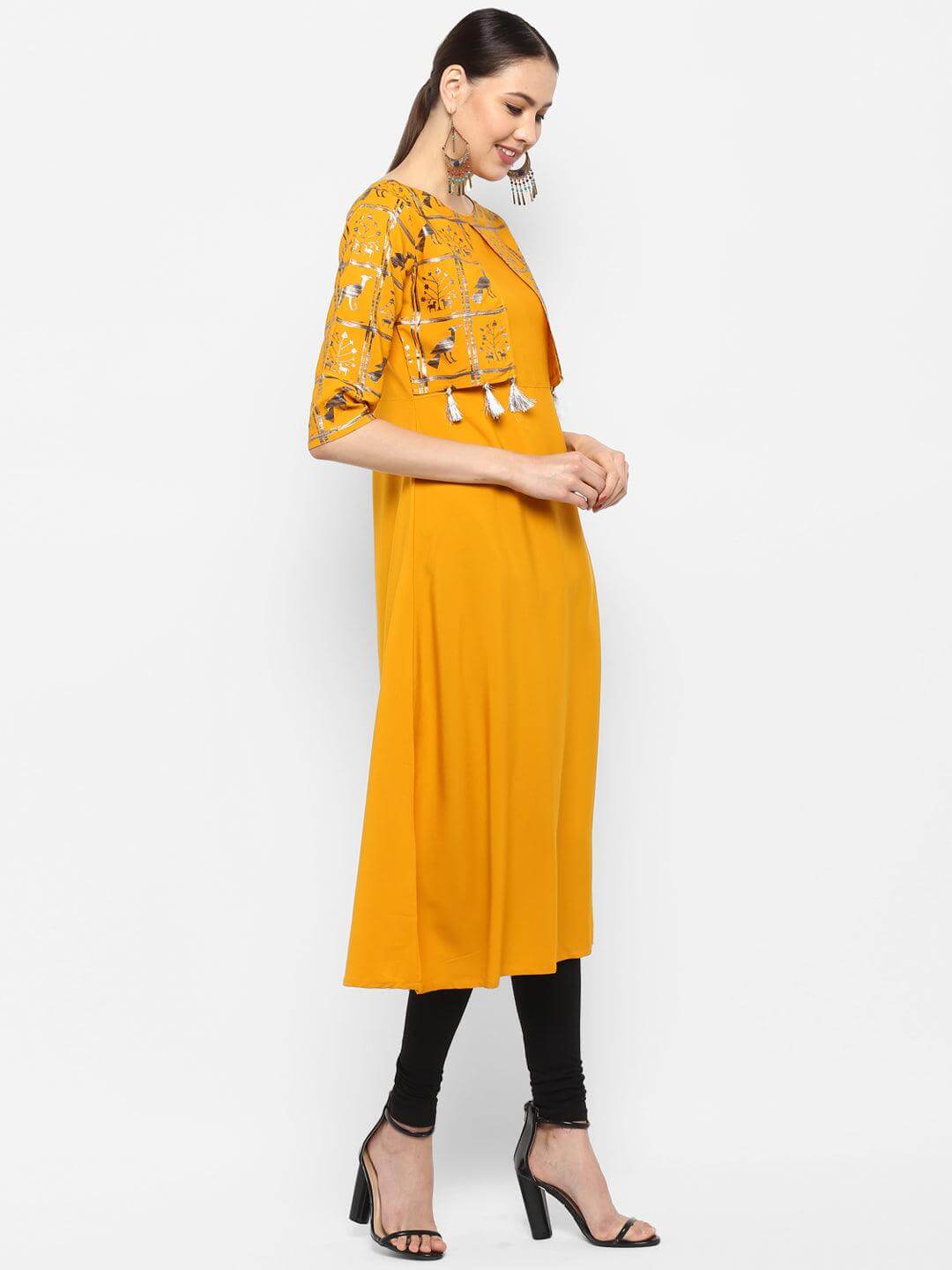 Mustard Poly Crepe Gold Print A-line Kurta