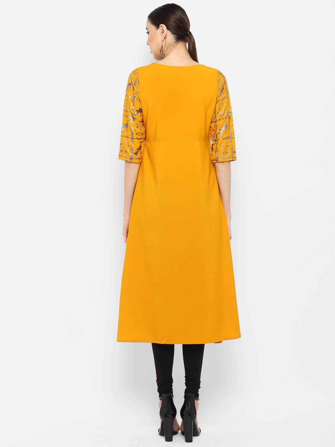 Mustard Poly Crepe Gold Print A-line Kurta
