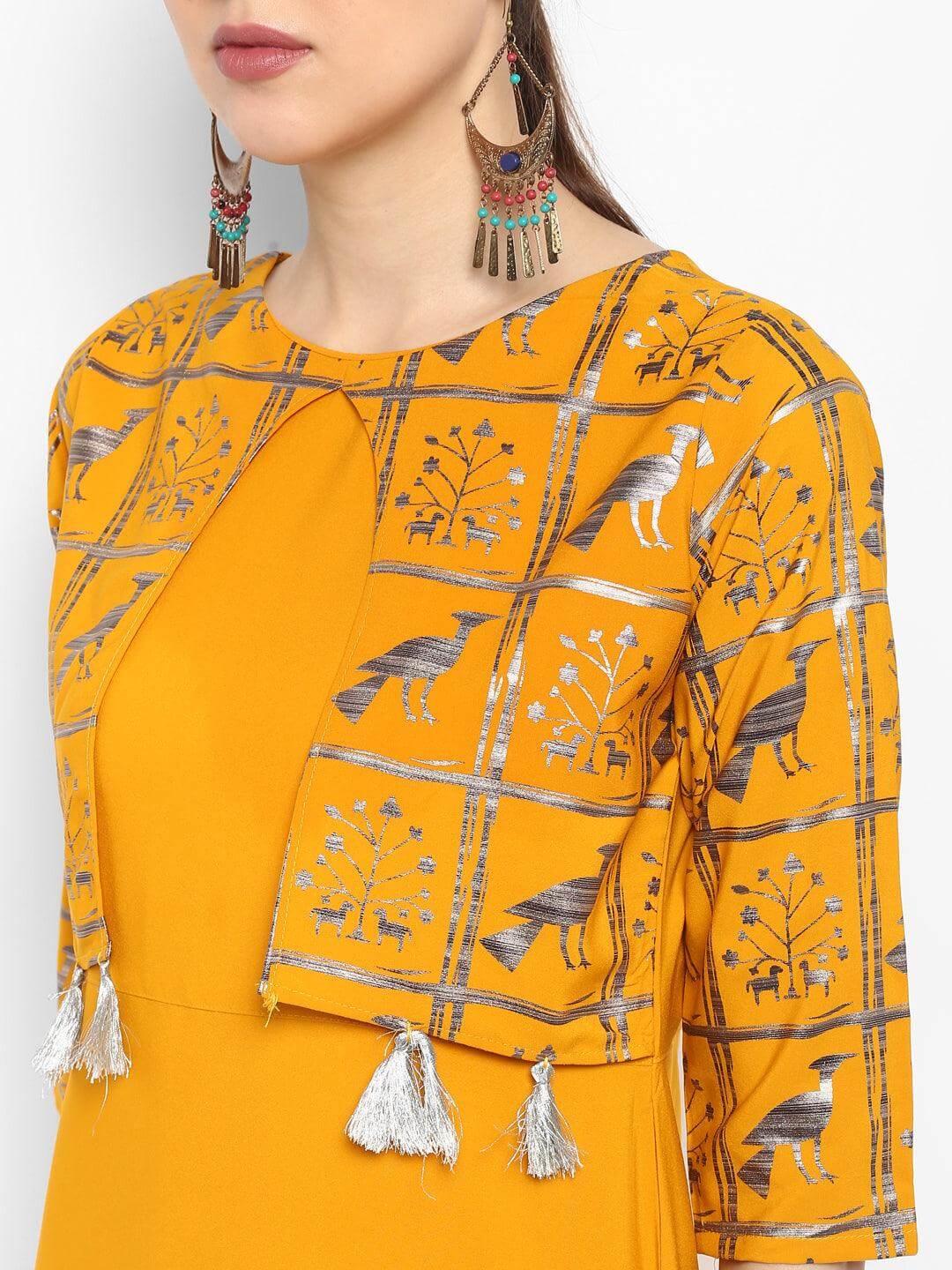 Mustard Poly Crepe Gold Print A-line Kurta