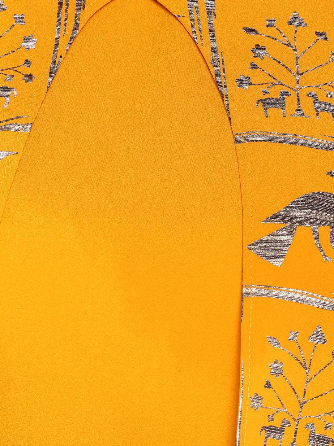Mustard Poly Crepe Gold Print A-line Kurta