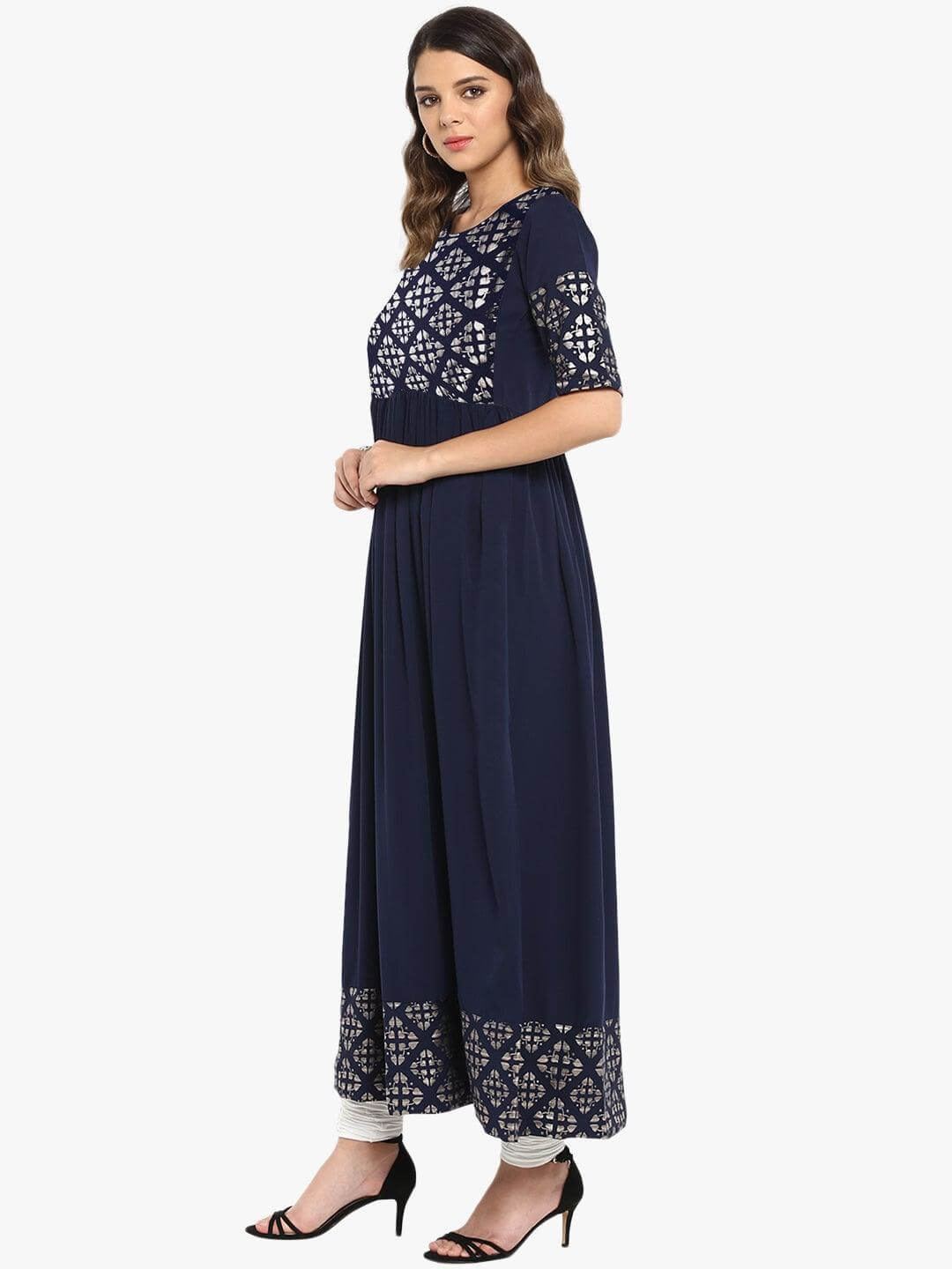 Dark Blue Poly Crepe Foil Print Flared Kurta