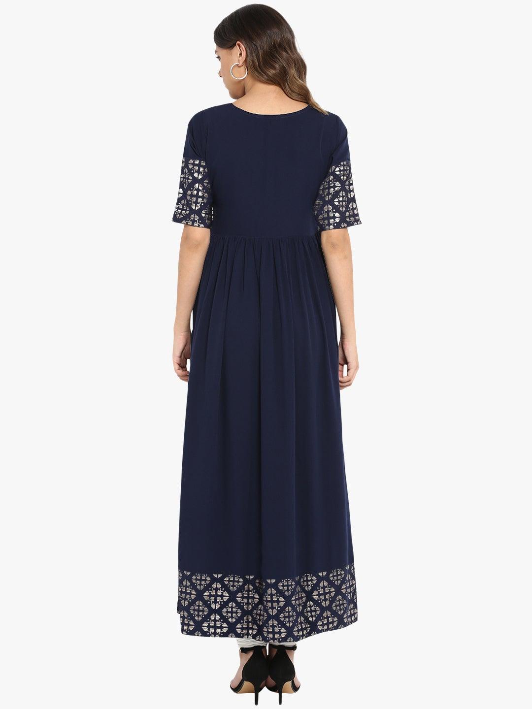 Dark Blue Poly Crepe Foil Print Flared Kurta