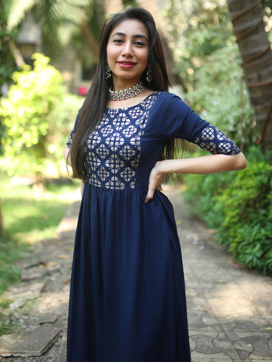 Dark Blue Poly Crepe Foil Print Flared Kurta