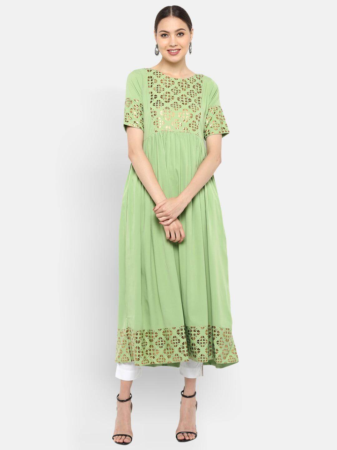 Light Green Poly Crepe Gold Print Flared Kurta