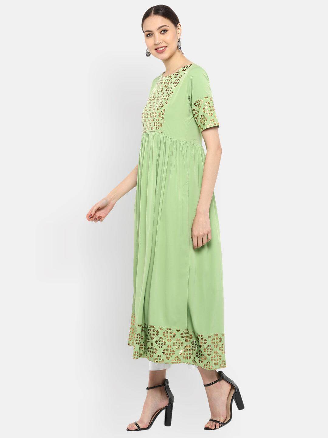 Light Green Poly Crepe Gold Print Flared Kurta