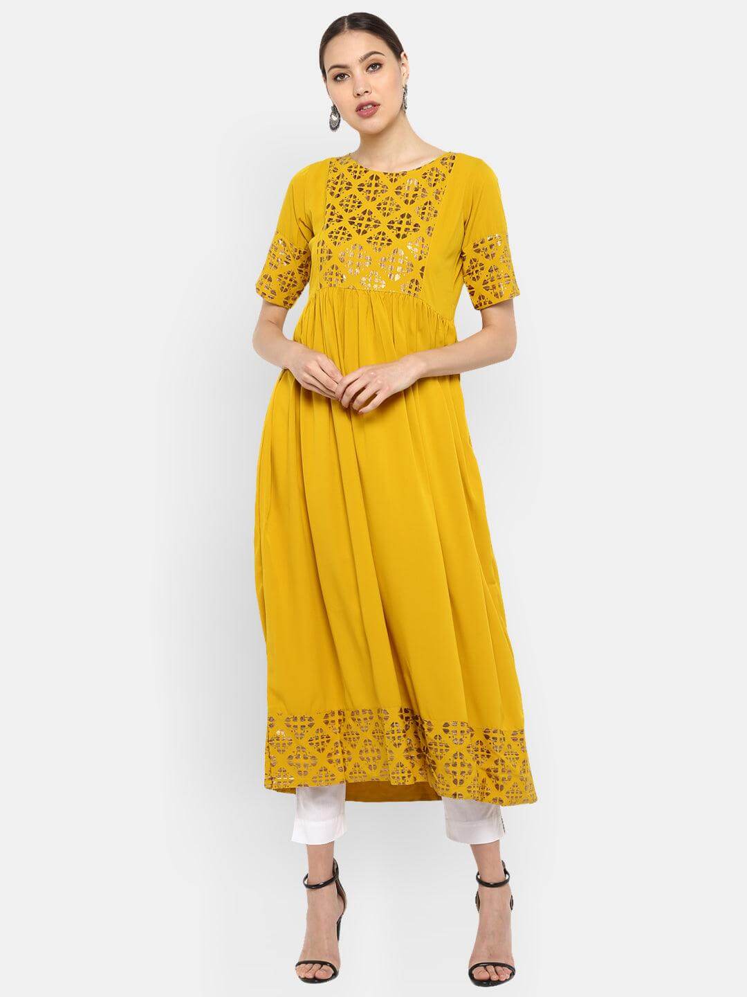 Mustard Poly Crepe Foil Print Flared Kurta