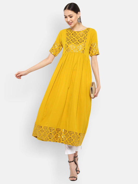 Mustard Poly Crepe Foil Print Flared Kurta