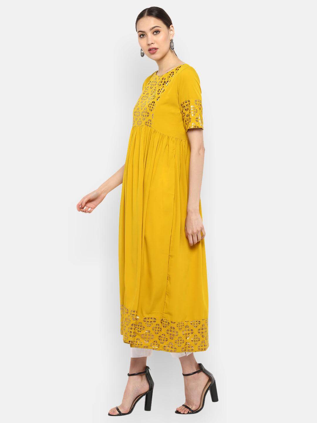 Mustard Poly Crepe Foil Print Flared Kurta