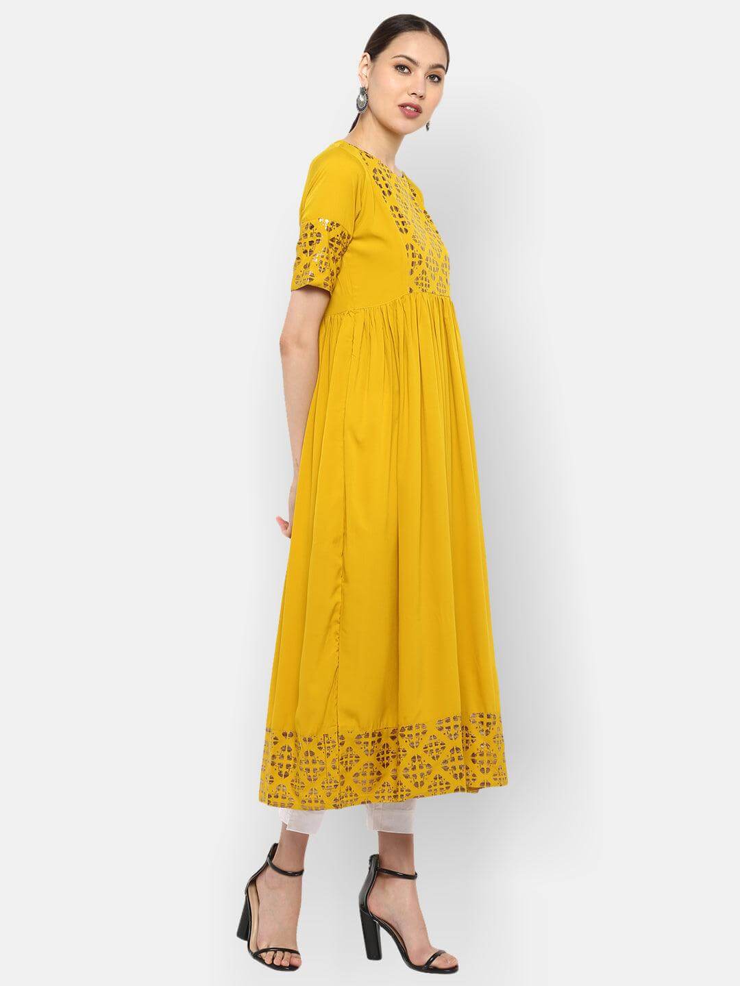 Mustard Poly Crepe Foil Print Flared Kurta