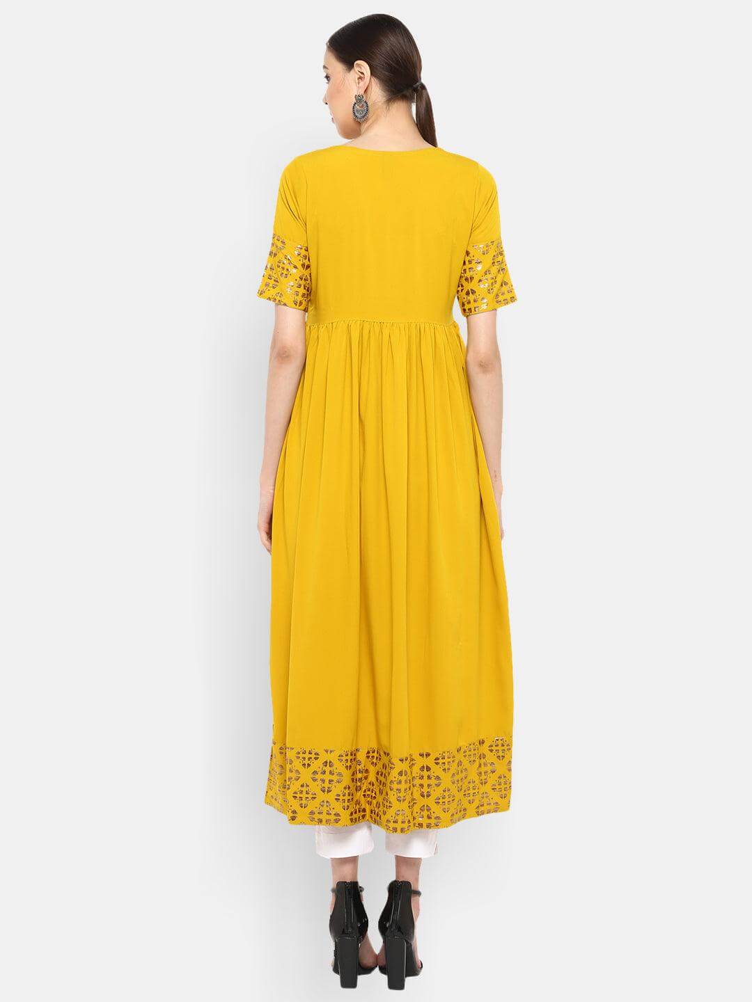 Mustard Poly Crepe Foil Print Flared Kurta