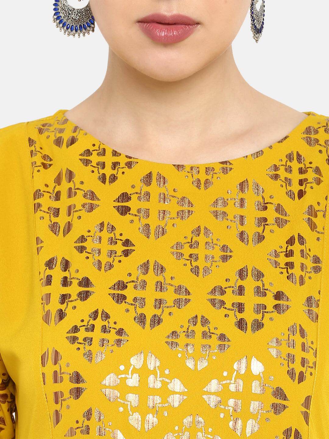 Mustard Poly Crepe Foil Print Flared Kurta