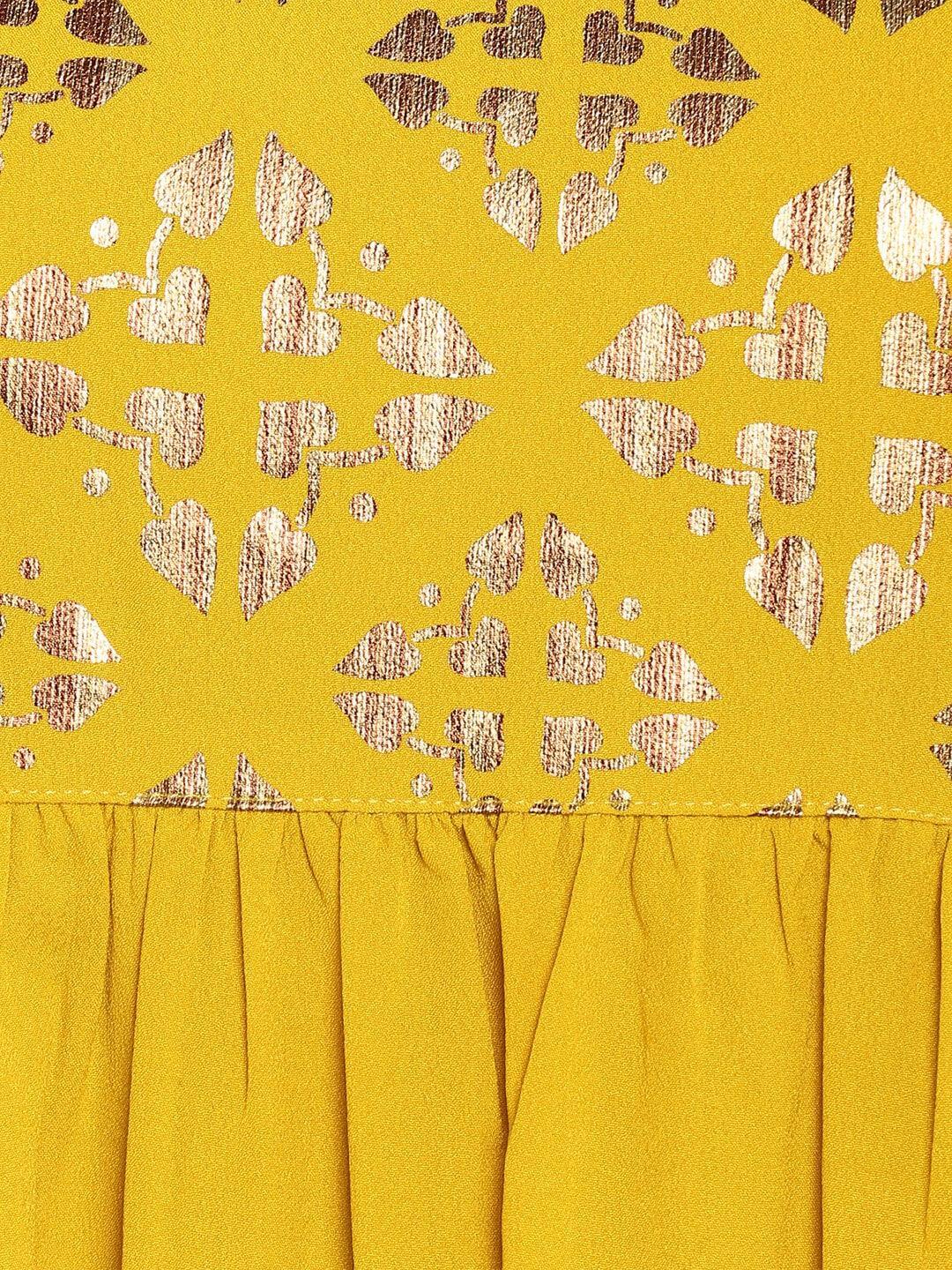 Mustard Poly Crepe Foil Print Flared Kurta