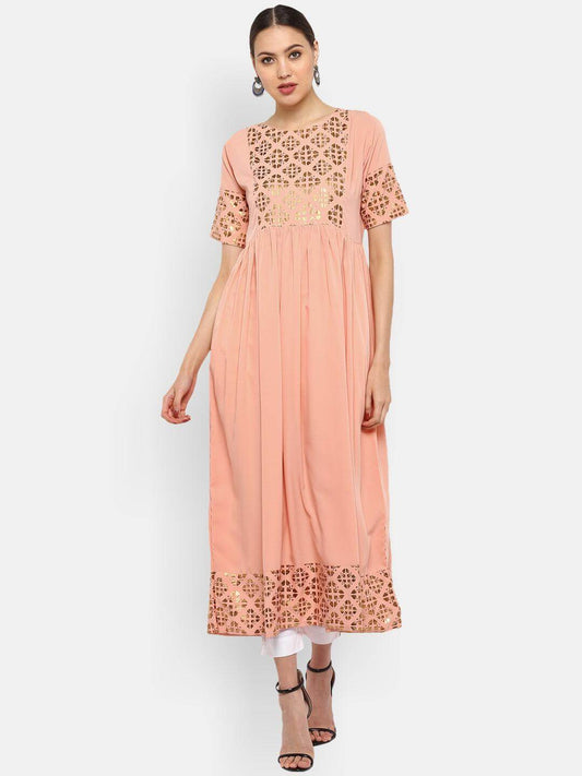 Peach Poly Crepe Gold Print Flared Kurta