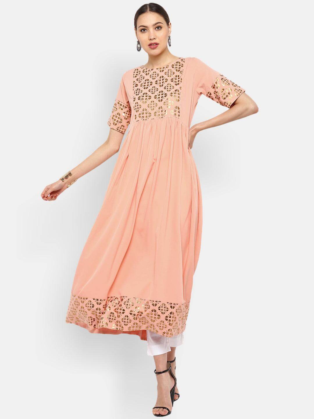 Peach Poly Crepe Gold Print Flared Kurta