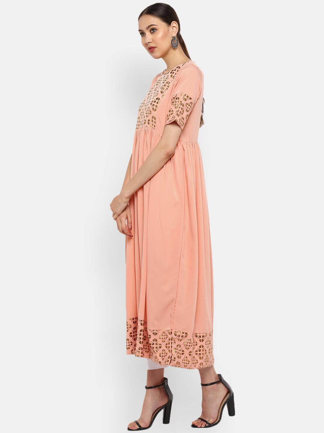 Peach Poly Crepe Gold Print Flared Kurta